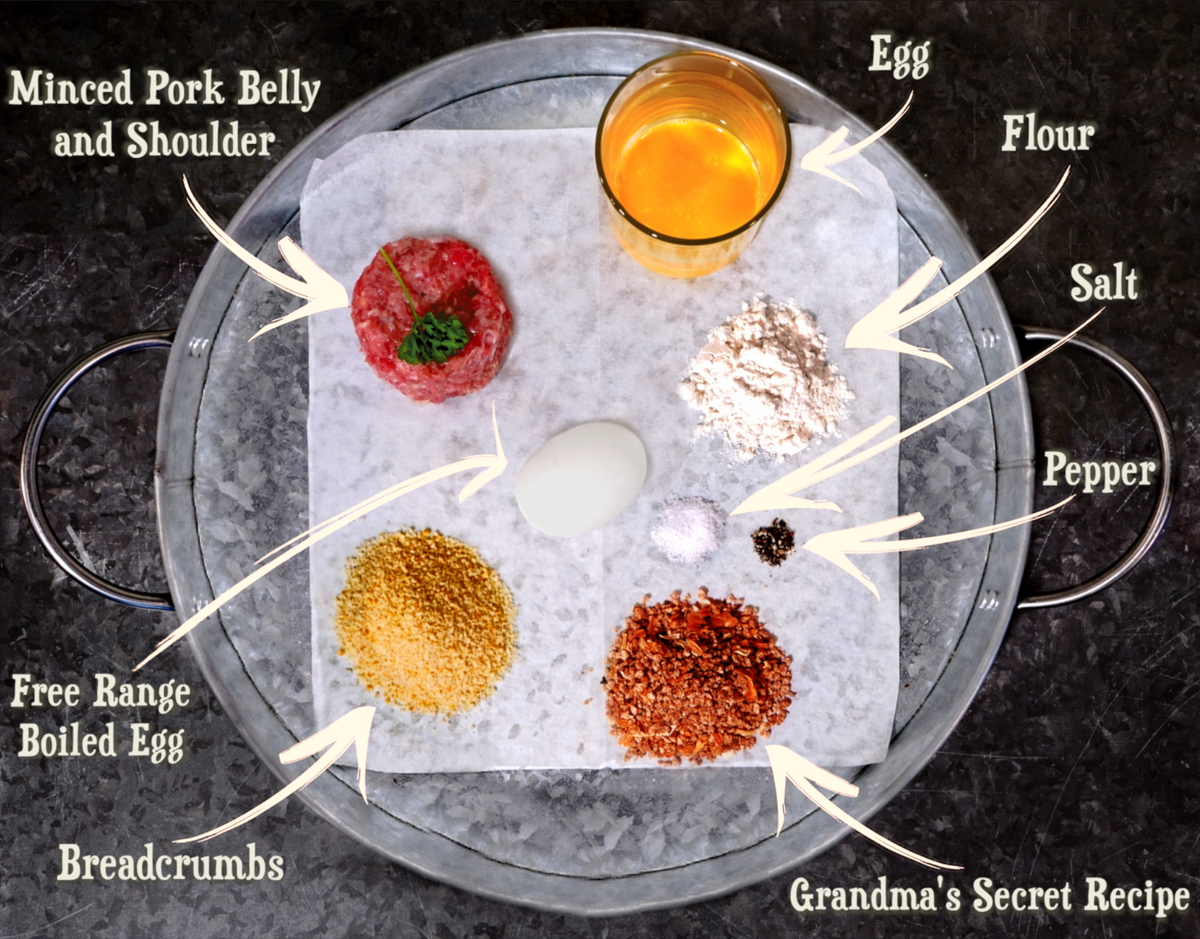 All the ingredients to make scotch eggs on a tray.  Including minced pork, egg, flour, salt, pepper, boiled egg, breadcrumbs and Grandma's Secret Recipe spices and herbs.